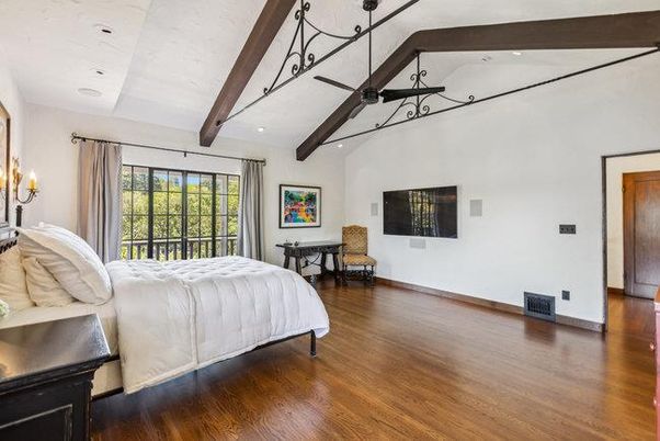 Bedroom, Chandelier, Interior, Recessed Lighting, Wooden Beams, Wood Texture Flooring