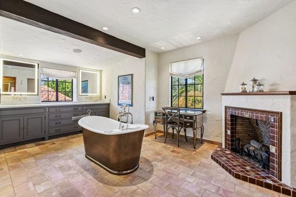 Bathroom, Fireplace, Free Standing Baths, Interior, Recessed Lighting, Wooden Beams