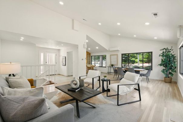 Dining room, Interior, Living room, Recessed Lighting, Wood Texture Flooring