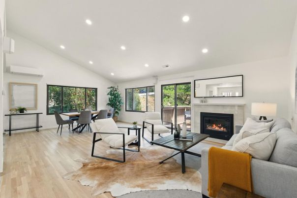 Dining room, Fireplace, Interior, Living room, Recessed Lighting, Wood Texture Flooring