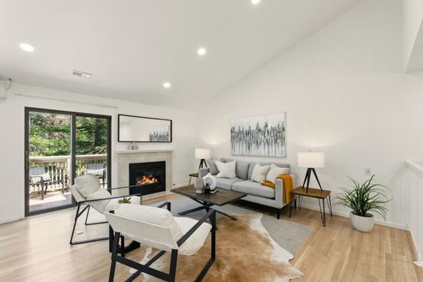 Fireplace, Interior, Living room, Recessed Lighting, Wood Texture Flooring