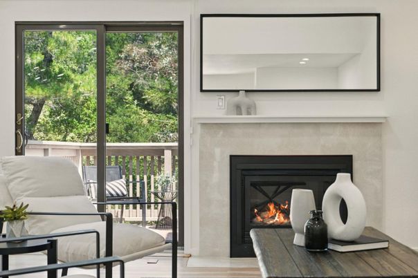 Fireplace, Interior, Recessed Lighting, Wood Texture Flooring