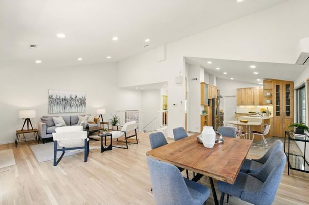 Dining room, Interior, Kitchen, Living room, Recessed Lighting, Wood Texture Flooring