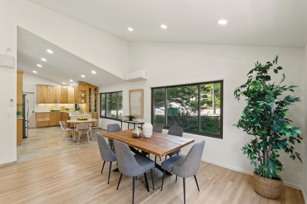 Dining room, Interior, Kitchen, Recessed Lighting, Wood Texture Flooring