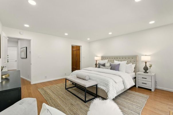 Bedroom, Interior, Recessed Lighting, Wood Texture Flooring