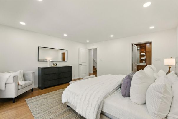 Bedroom, Interior, Recessed Lighting, Wood Texture Flooring