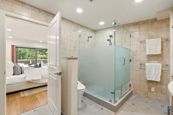Bathroom, Bedroom, Glass Shower, Interior, Recessed Lighting, Wood Texture Flooring