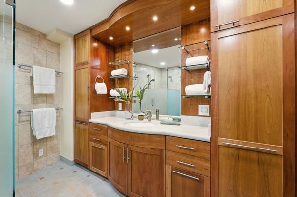Bathroom, Dual Sink Vanities, Interior, Recessed Lighting, Wooden Walls