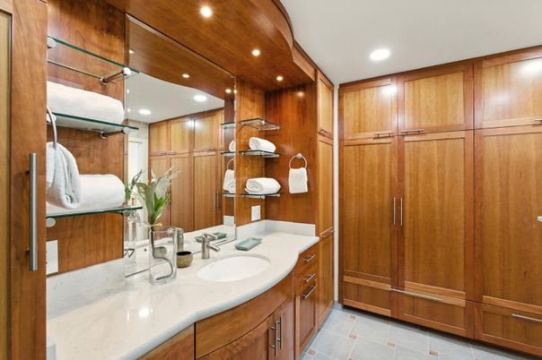 Bathroom, Dual Sink Vanities, Interior, Recessed Lighting, Wooden Walls