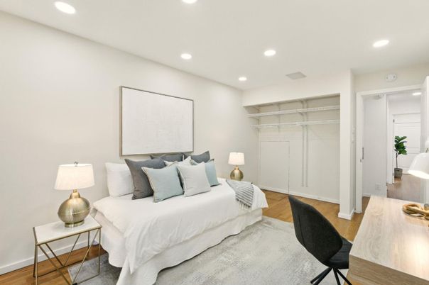 Bedroom, Interior, Recessed Lighting, Wood Texture Flooring
