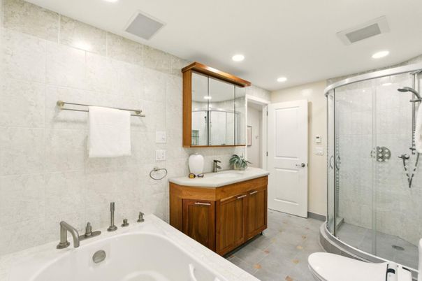 Bathroom, Dual Sink Vanities, Glass Shower, Interior, Recessed Lighting