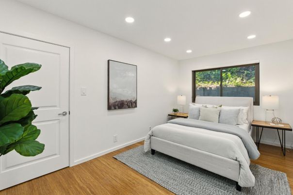 Bedroom, Interior, Recessed Lighting, Wood Texture Flooring