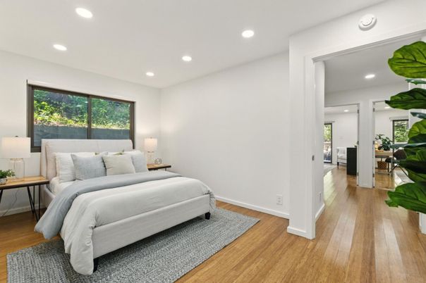 Bedroom, Interior, Recessed Lighting, Wood Texture Flooring