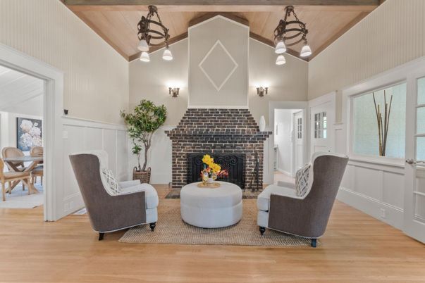 Dining room, Fireplace, Interior, Living room, Wooden Ceilings, Wood Texture Flooring