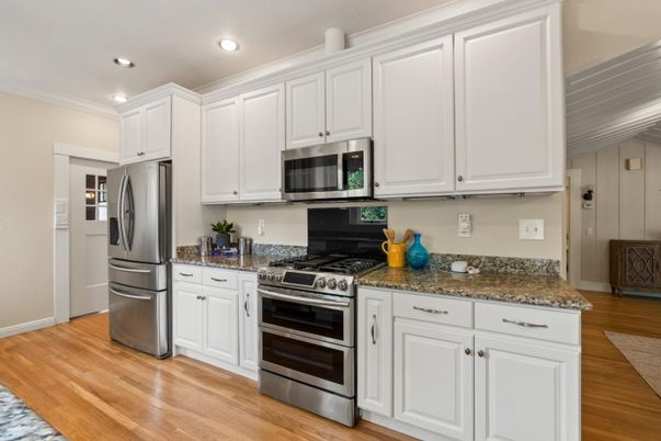 Interior, Kitchen, Recessed Lighting, Stainless Steel Appliances, Wood Texture Flooring