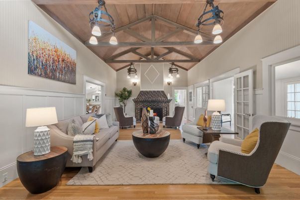 Fireplace, Interior, Living room, Pendant Lights, Wooden Ceilings, Wood Texture Flooring