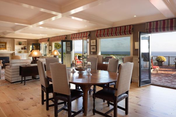 Dining room, Fireplace, Interior, Living room, Recessed Lighting, Water, Wood Texture Flooring