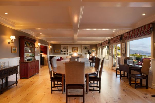 Dining room, Interior, Recessed Lighting, Wood Texture Flooring