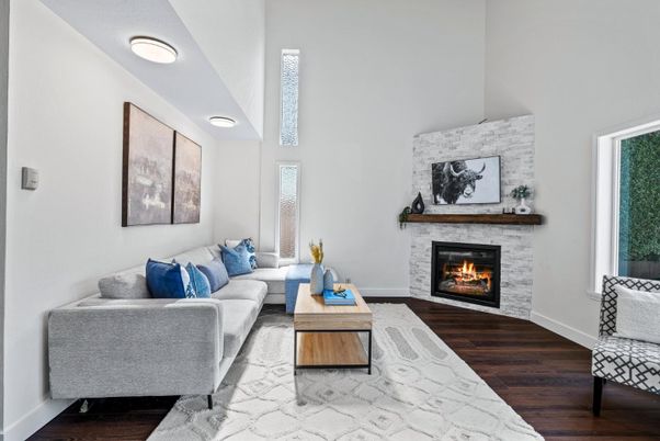 Fireplace, Interior, Living room, Stone Walls, Wood Texture Flooring