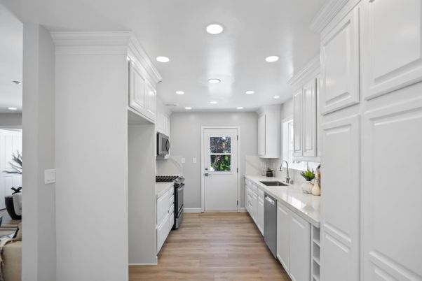Interior, Kitchen, Recessed Lighting, Stainless Steel Appliances, Wood Texture Flooring
