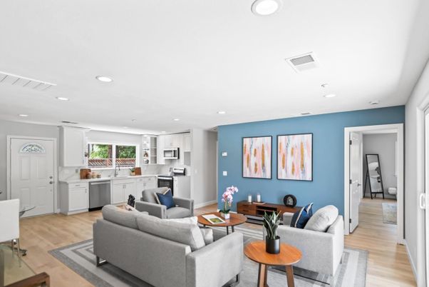 Interior, Kitchen, Living room, Recessed Lighting, Stainless Steel Appliances, Wood Texture Flooring