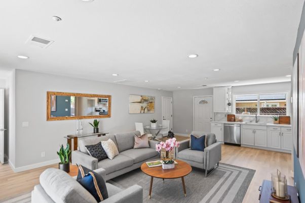 Dining room, Interior, Kitchen, Living room, Recessed Lighting, Wood Texture Flooring