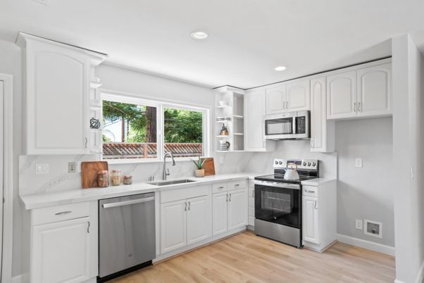 Interior, Kitchen, Recessed Lighting, Stainless Steel Appliances, Wood Texture Flooring