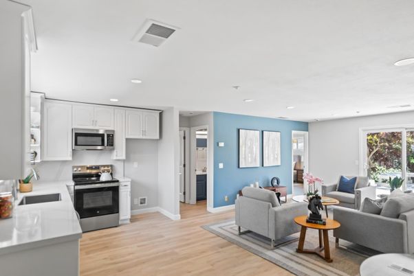 Interior, Kitchen, Living room, Recessed Lighting, Stainless Steel Appliances, Wood Texture Flooring