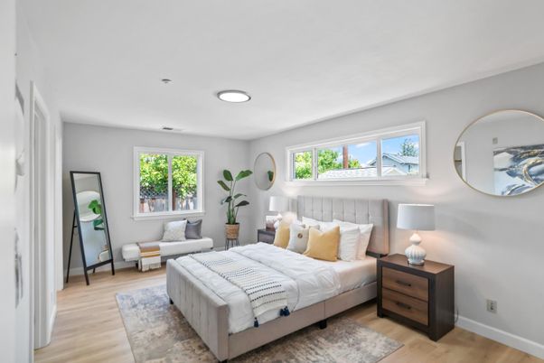 Bedroom, Interior, Recessed Lighting, Wood Texture Flooring