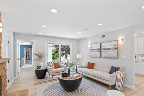 Fireplace, Interior, Living room, Recessed Lighting, Wood Texture Flooring