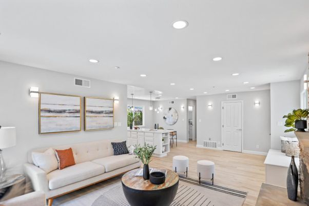 Dining room, Interior, Living room, Pendant Lights, Recessed Lighting, Wood Texture Flooring