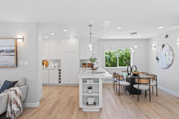 Dining room, Interior, Pendant Lights, Recessed Lighting, Wood Texture Flooring