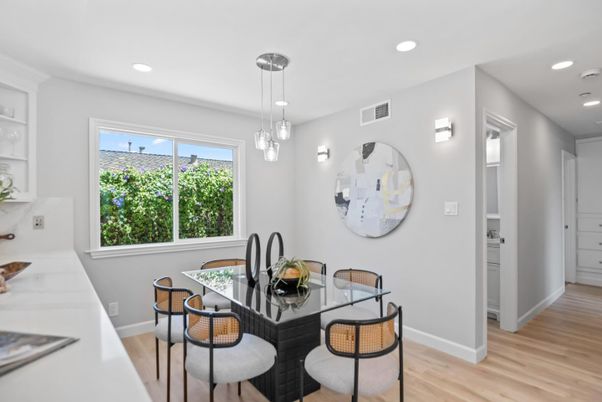 Dining room, Interior, Pendant Lights, Recessed Lighting, Wood Texture Flooring