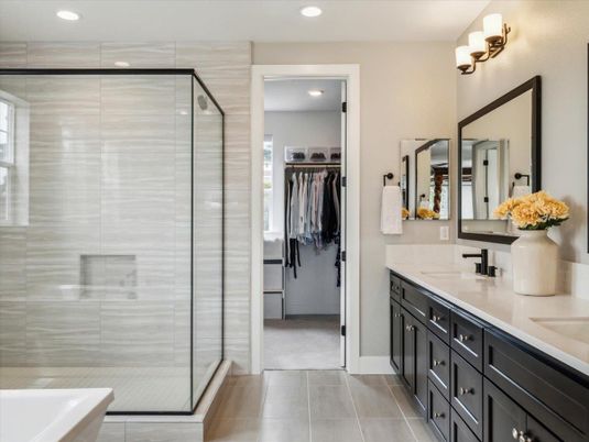Bathroom, Dual Sink Vanities, Glass Shower, Interior, Recessed Lighting, Walk-in Closets