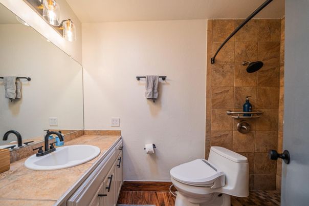Bathroom, Interior, Tile Countertops, Wood Texture Flooring