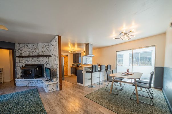Dining room, Fireplace, Interior, Kitchen, Stone Walls, Wood Texture Flooring