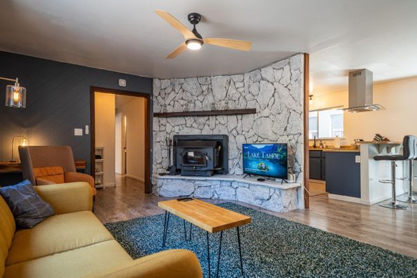 Fireplace, Interior, Living room, Stone Walls, Wood Texture Flooring