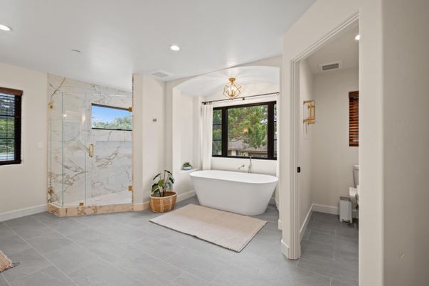 Bathroom, Free Standing Baths, Glass Shower, Interior, Marble Walls, Recessed Lighting