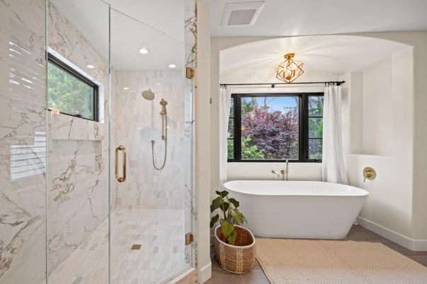 Bathroom, Free Standing Baths, Glass Shower, Interior, Marble Walls, Recessed Lighting