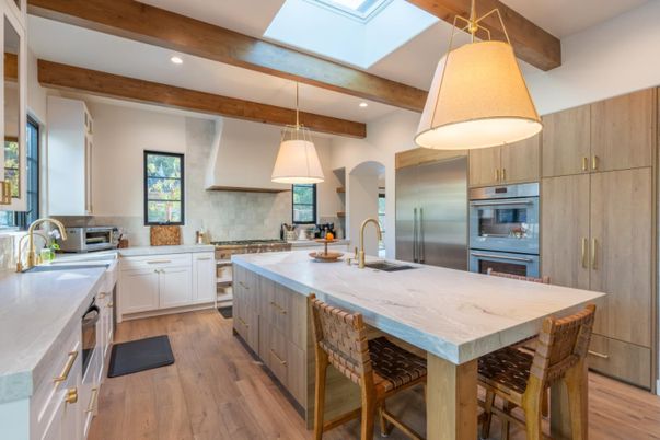 Interior, Kitchen, Pendant Lights, Recessed Lighting, Stainless Steel Appliances, Wooden Beams, Wood Texture Flooring