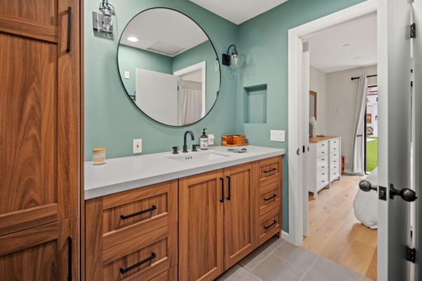 Bathroom, Dual Sink Vanities, Interior, Recessed Lighting, Wood Texture Flooring