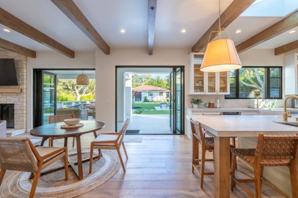 Dining room, Fireplace, Interior, Kitchen, Pendant Lights, Recessed Lighting, Stone Walls, Wooden Beams, Wood Texture Flooring