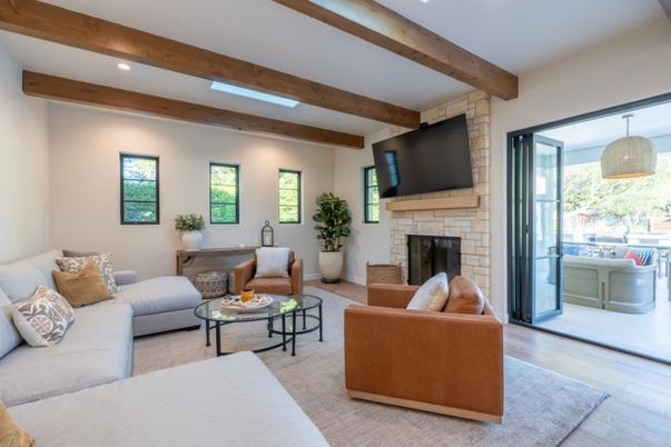 Fireplace, Interior, Living room, Pendant Lights, Recessed Lighting, Wooden Beams, Wood Texture Flooring