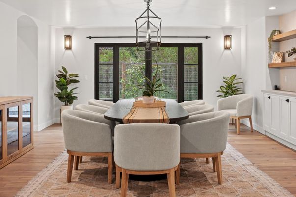 Dining room, Interior, Pendant Lights, Recessed Lighting, Wood Texture Flooring
