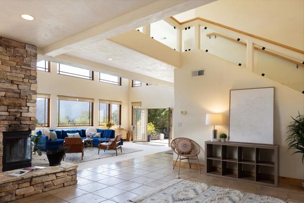 Fireplace, Interior, Living room, Recessed Lighting, Stone Walls