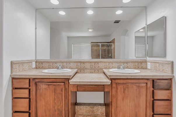 Bathroom, Dual Sink Vanities, Interior, Recessed Lighting, Tile Countertops