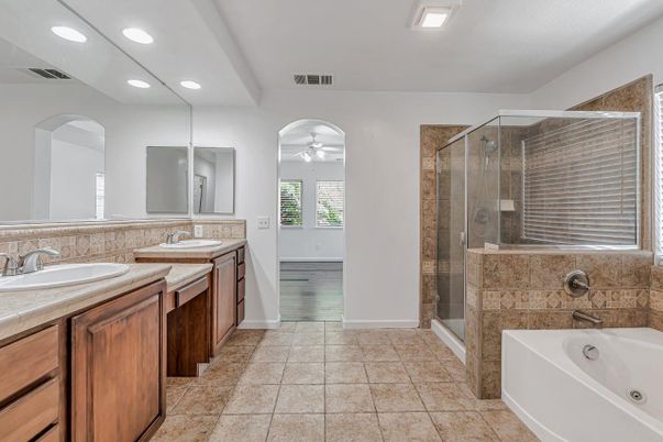 Bathroom, Dual Sink Vanities, Glass Shower, Interior, Recessed Lighting