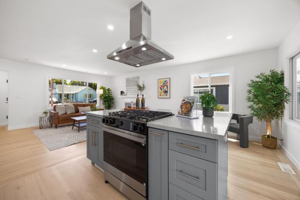 Interior, Kitchen, Living room, Recessed Lighting, Stainless Steel Appliances, Wood Texture Flooring
