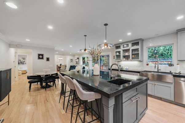 Dining room, Interior, Kitchen, Pendant Lights, Recessed Lighting, Stainless Steel Appliances, Wood Texture Flooring