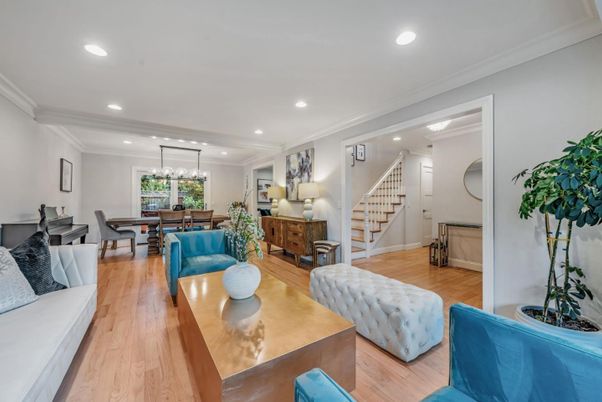Dining room, Interior, Living room, Pendant Lights, Recessed Lighting, Wood Texture Flooring